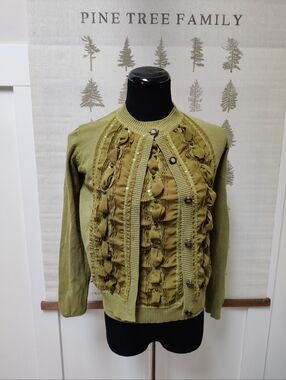 Vintage Spanner Green Twinset Cardigan & Tank Top Embellished Ruffle Size Small